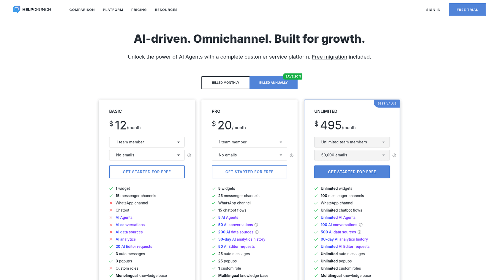 HelpCrunch pricing page with Basic, Pro, and Unlimited plans, captured October 2026 from HelpCrunch