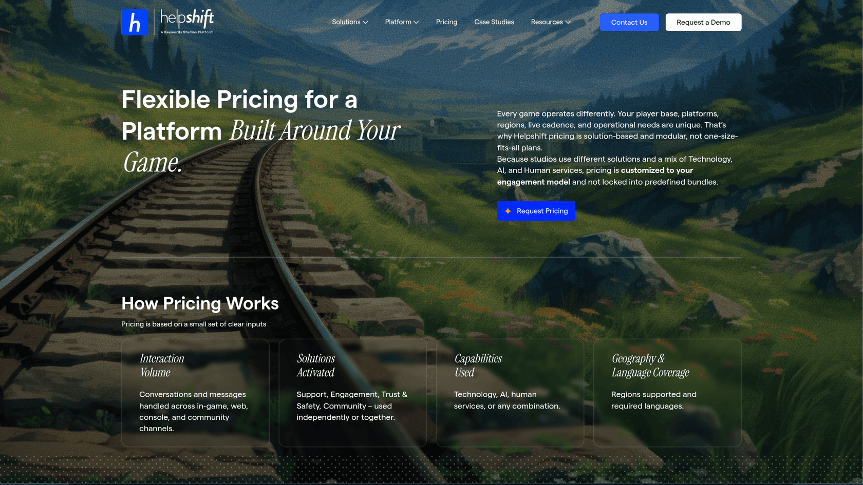 The Helpshift pricing page, which lists four quote inputs and a Request Pricing button, as taken from Helpshift