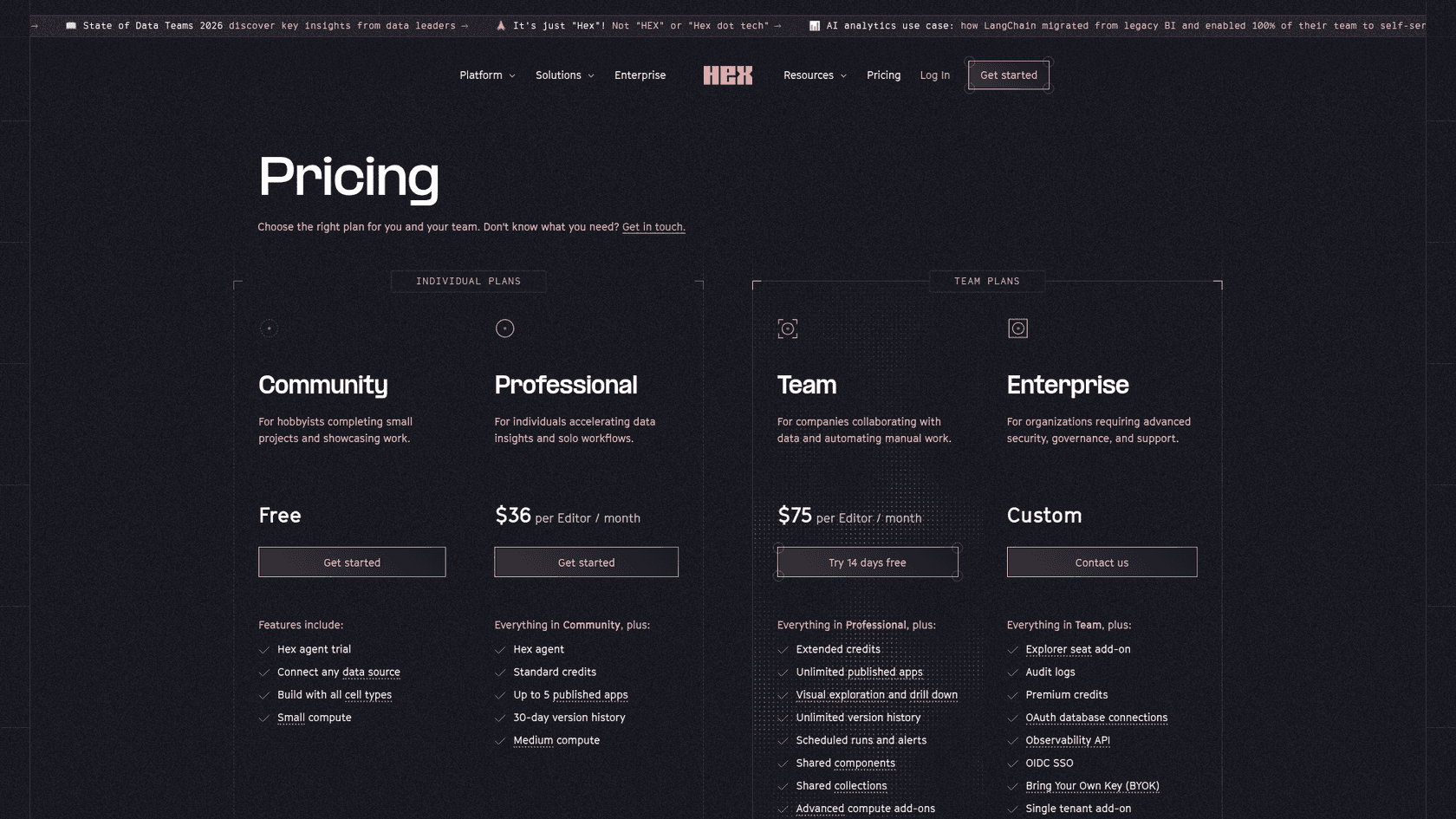 Hex pricing page with the Community, Professional, Team, and Enterprise plans, as taken from Hex