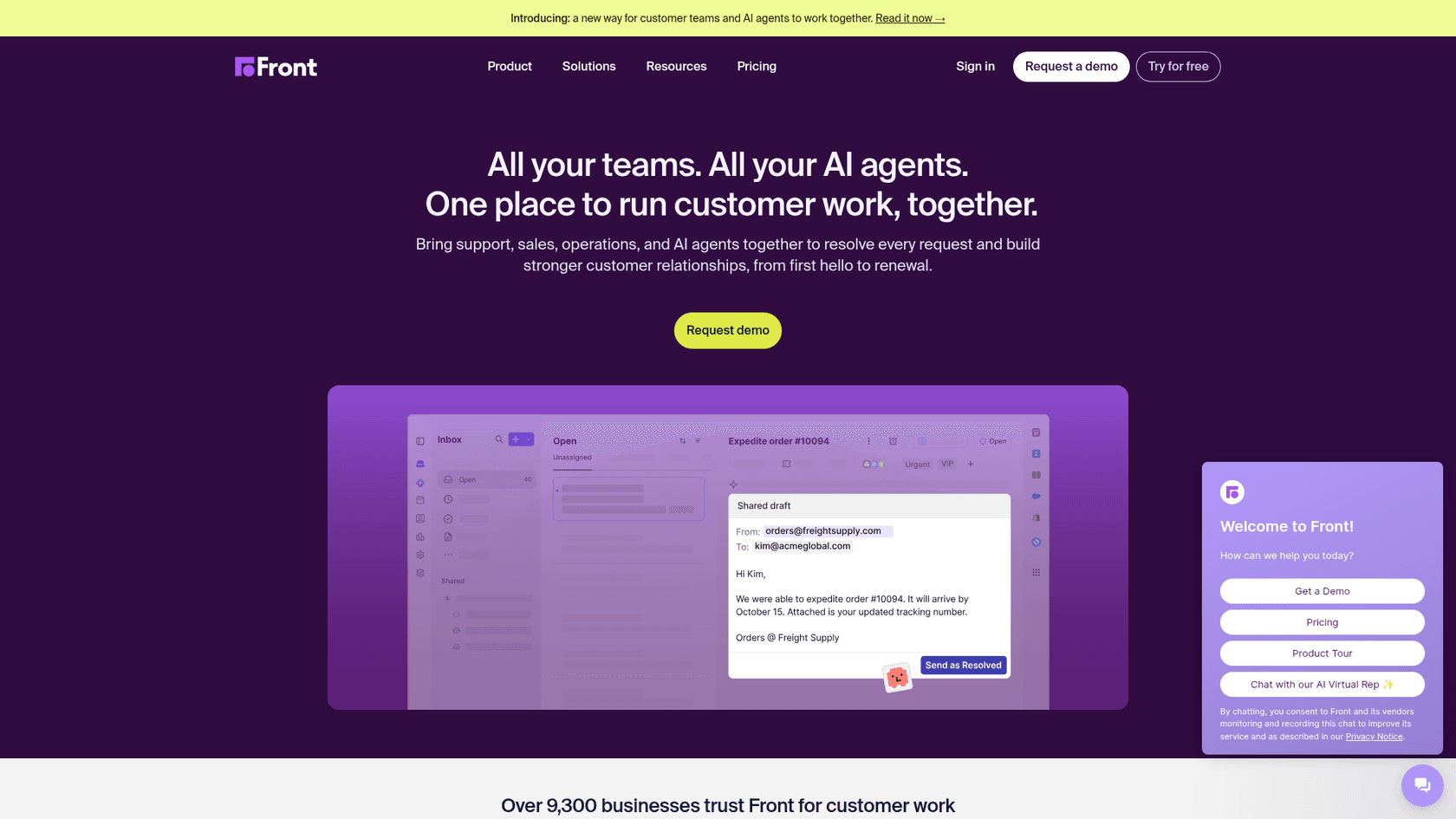 Front homepage headed "All your teams. All your AI agents. One place to run customer work, together." above an inbox mockup with an order conversation and a shared draft, as taken from Front