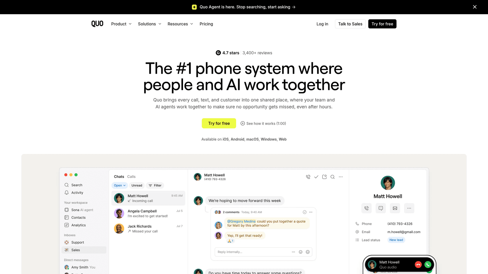 Quo homepage headed "The #1 phone system where people and AI work together", with the app showing Support and Sales inboxes, a chat list, a thread with an internal comment and a contact panel, as taken from Quo