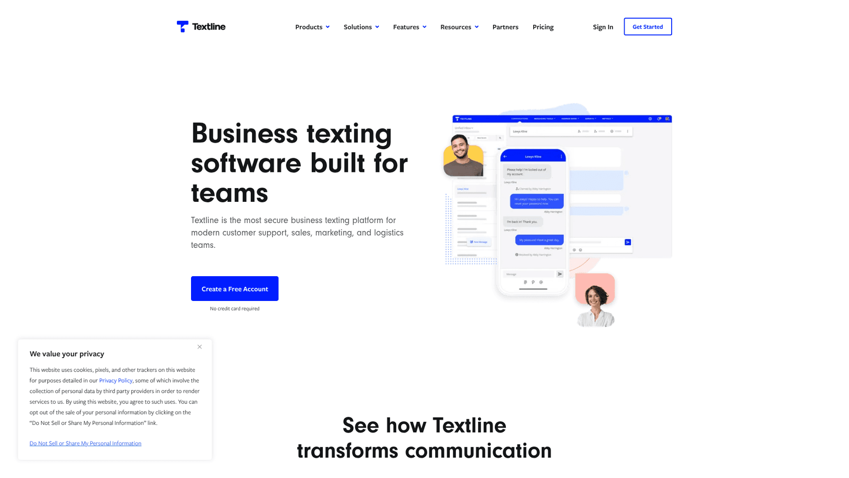Textline homepage headed "Business texting software built for teams", with a desktop inbox and a phone showing a support thread marked resolved, as taken from Textline