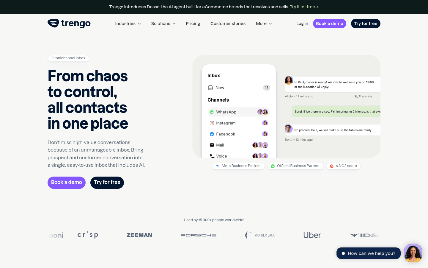 Trengo omnichannel inbox page headed "From chaos to control, all contacts in one place", with an inbox listing WhatsApp, Instagram, Facebook, Mail and Voice channels and a chat thread, as taken from Trengo