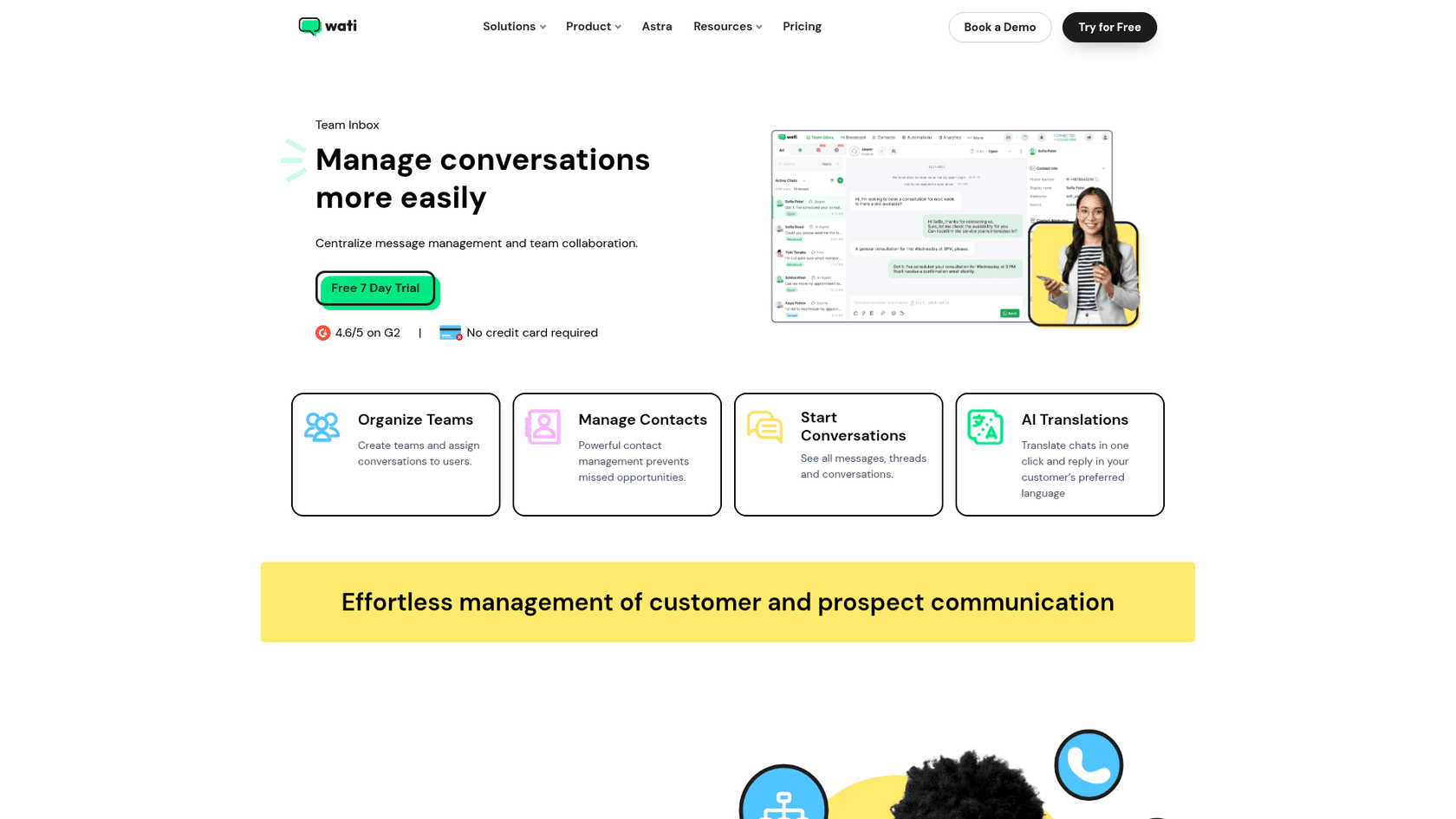 Wati team inbox page headed "Manage conversations more easily", with a small mockup of the inbox showing a chat list, a WhatsApp conversation and a contact panel, as taken from Wati