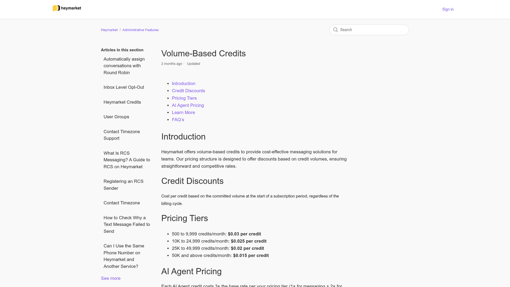 Heymarket help center article titled Volume-Based Credits listing pricing tiers from $0.03 per credit for 500 to 9,999 credits down to $0.015 per credit for 50K and above, as taken from Heymarket Help Center