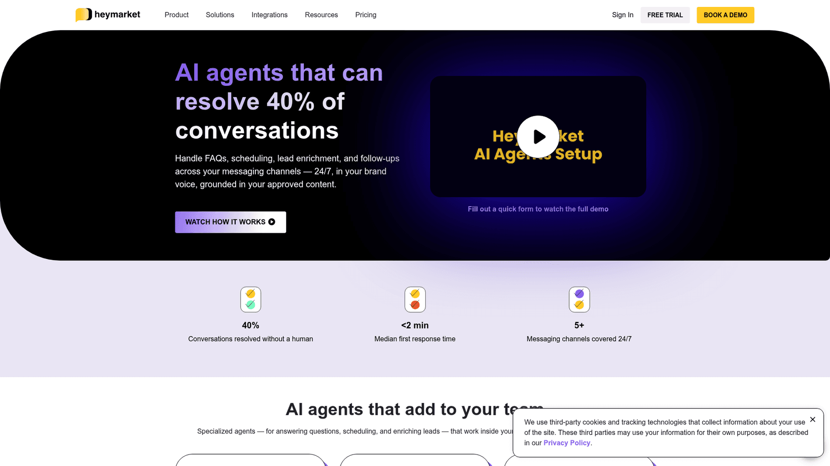 Heymarket AI agents page claiming agents can resolve 40% of conversations, with a median first response under 2 minutes across 5+ channels, as taken from Heymarket