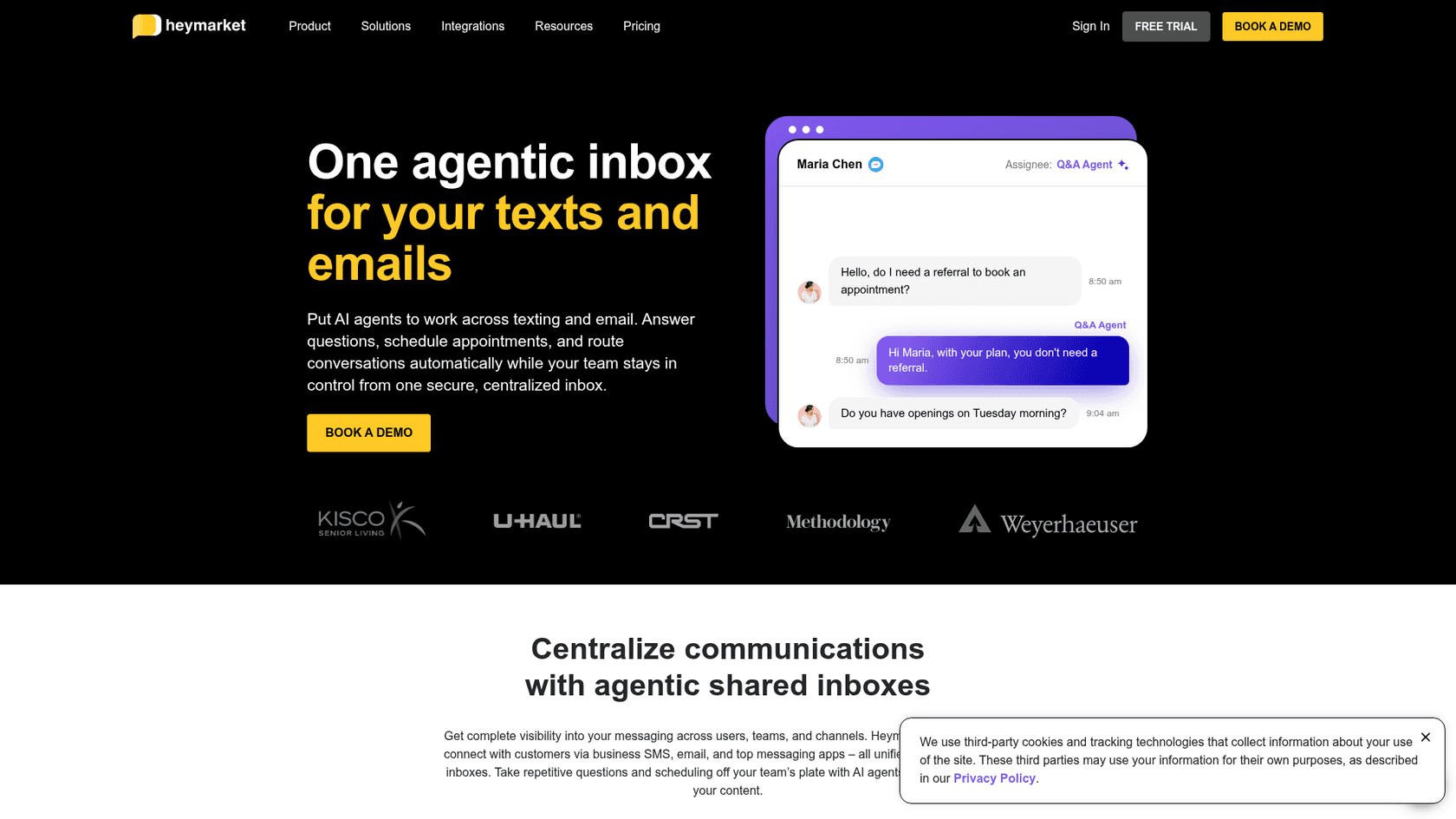 Heymarket homepage with the headline One agentic inbox for your texts and emails and a sample patient chat answered by the Q&A Agent, as taken from Heymarket