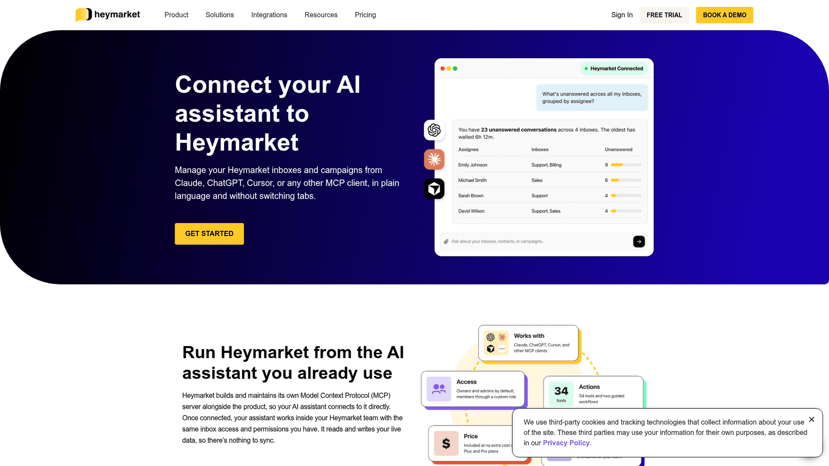 Heymarket MCP page showing an AI assistant answering a question about 23 unanswered conversations across four inboxes, grouped by assignee, as taken from Heymarket