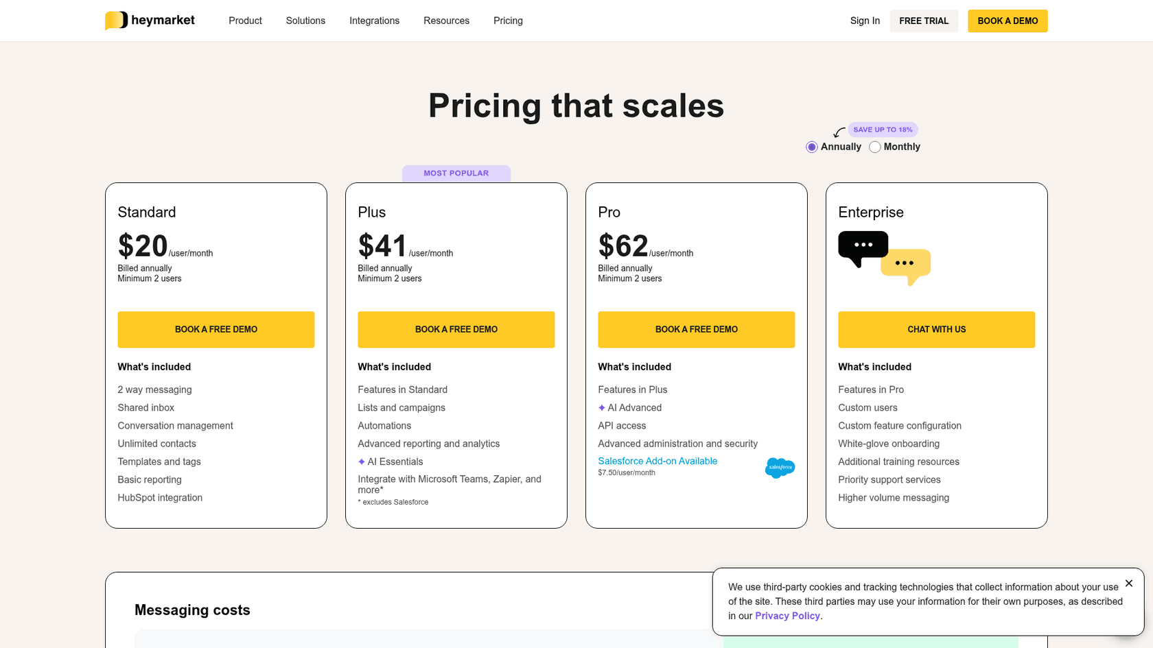 Heymarket pricing page showing Standard at $20, Plus at $41 and Pro at $62 per user a month billed annually, each with a two-user minimum, and Enterprise on request, as taken from Heymarket
