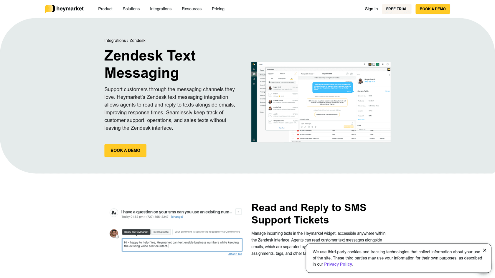 Heymarket's Zendesk text messaging page explaining that agents can read and reply to texts alongside emails without leaving Zendesk, with a ticket showing a Reply on Heymarket option, as taken from Heymarket