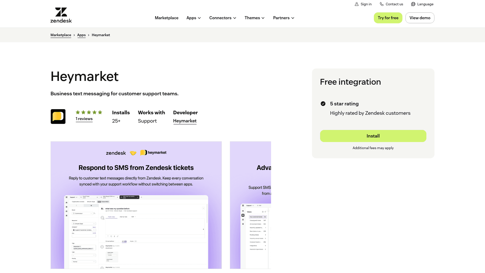 Heymarket listing on the Zendesk Marketplace showing a free integration, 25+ installs and one review, with a preview of responding to SMS from Zendesk tickets, as taken from Zendesk Marketplace