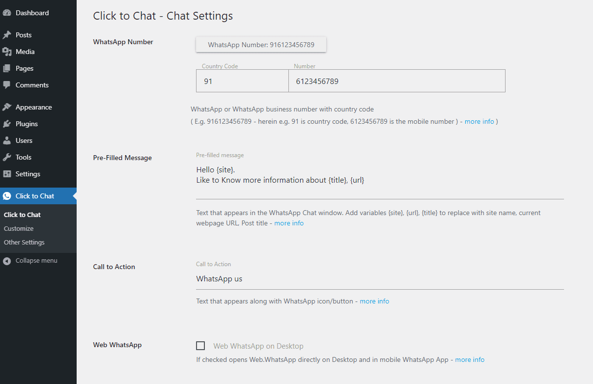 The Click to Chat Chat Settings screen in WordPress, with a WhatsApp number field split into country code 91 and number, a pre-filled message using site, title and url variables, a call to action reading WhatsApp us, and a Web WhatsApp on Desktop checkbox, as taken from WordPress.org