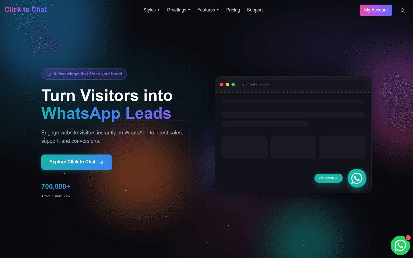 The HoliThemes Click to Chat homepage headed Turn Visitors into WhatsApp Leads, with an Explore Click to Chat button, a 700,000+ active installations figure and a mock website with a green WhatsApp us button, as taken from HoliThemes