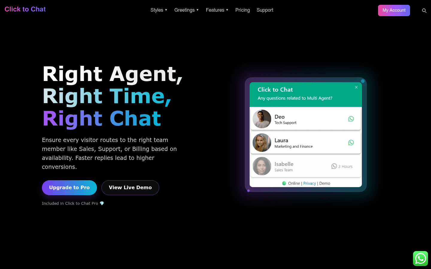 The Click to Chat Multi Agent page headed Right Agent, Right Time, Right Chat, with an example widget listing Deo in Tech Support and Laura in Marketing and Finance as online, and Isabelle in the Sales Team greyed out with 3 Hours until available, as taken from HoliThemes