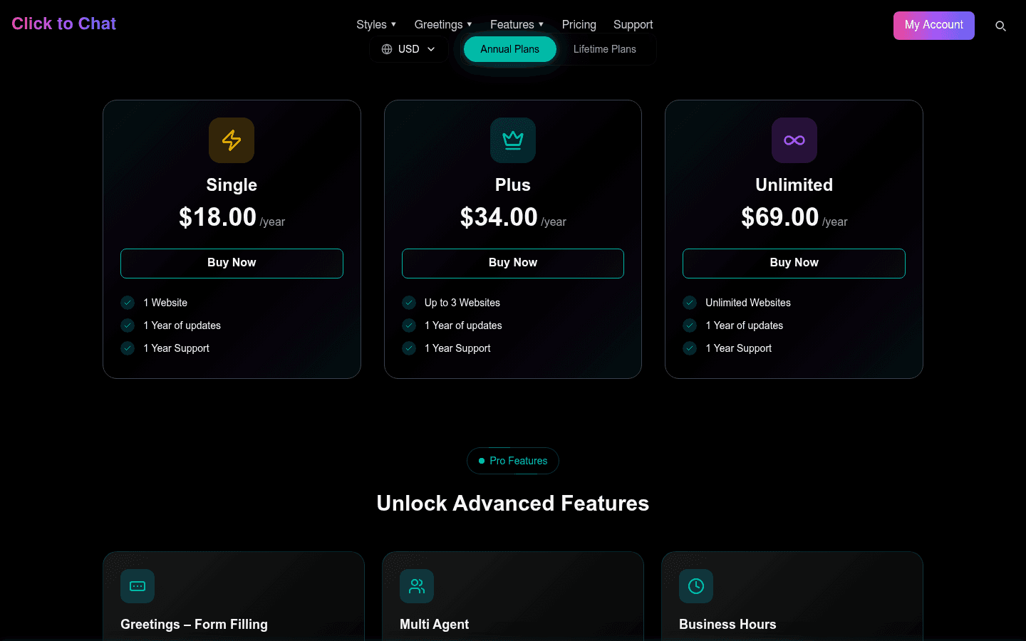 The Click to Chat pricing page with three annual plans: Single at 18 dollars a year for 1 website, Plus at 34 dollars a year for up to 3 websites, and Unlimited at 69 dollars a year for unlimited websites, each with 1 year of updates and support, as taken from HoliThemes
