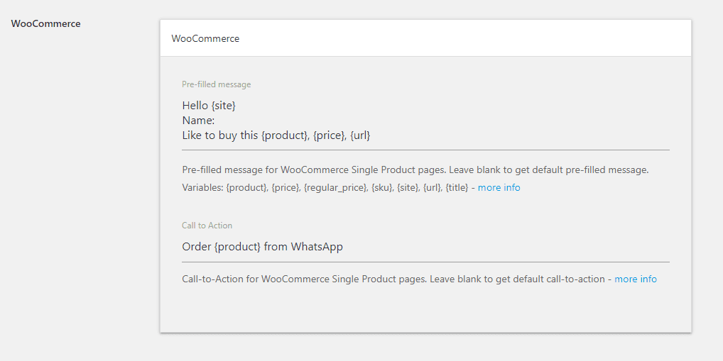 The Click to Chat WooCommerce settings box, with a pre-filled message reading Hello site, Name, Like to buy this product, price, url, and a call to action reading Order product from WhatsApp, as taken from WordPress.org
