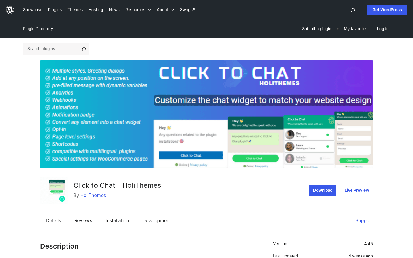 The Click to Chat listing on WordPress.org, titled Click to Chat HoliThemes, with a banner listing multiple styles, greeting dialogs, pre-filled messages, analytics and webhooks next to four example chat widgets, as taken from WordPress.org