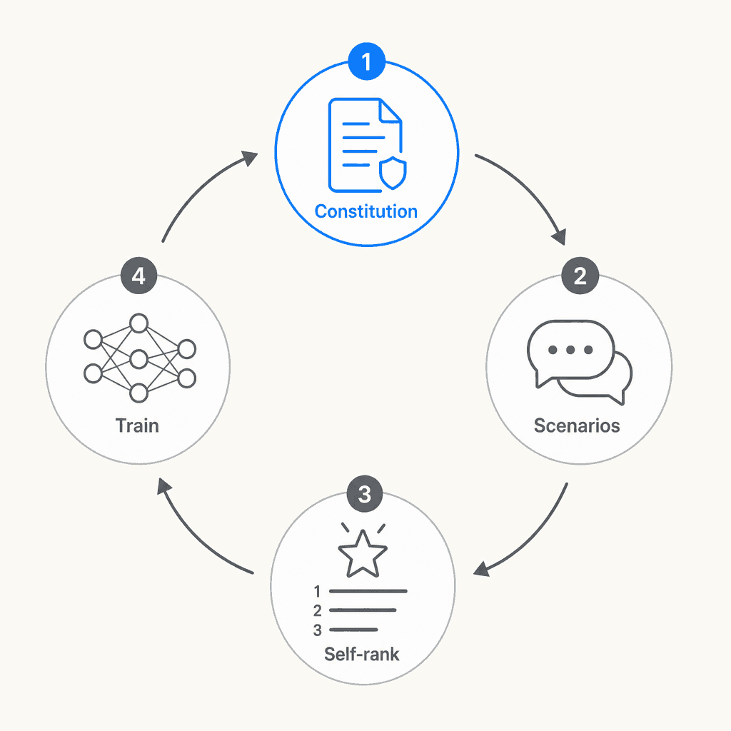 Constitutional AI training loop - four-step self-improving feedback cycle