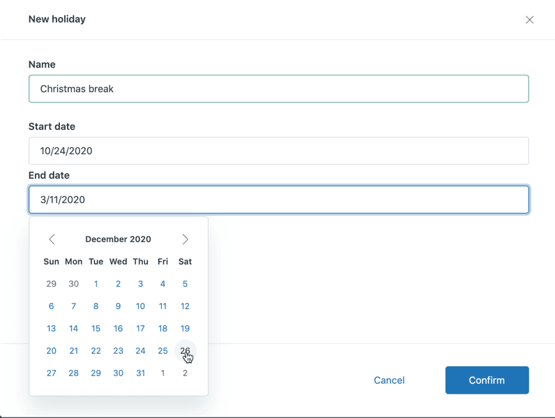 Cuadro de diálogo Nuevo festivo de Zendesk con un campo de nombre, fecha de inicio, fecha de fin y un selector de calendario, tomado de la documentación de Zendesk
