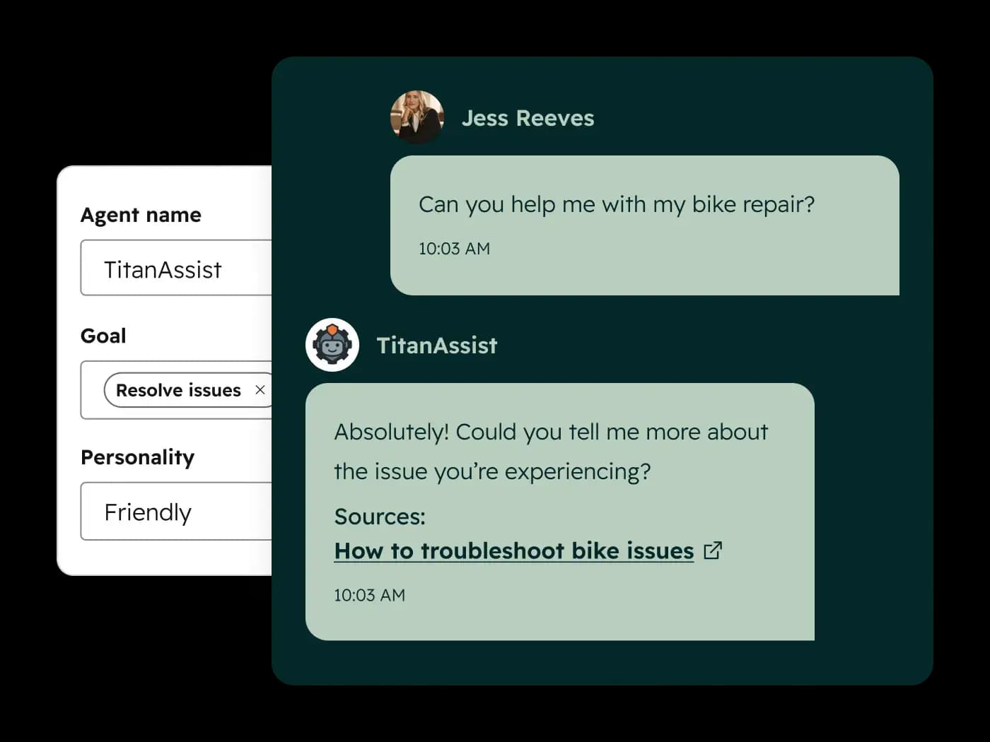 HubSpot customer agent setup with name, goal and personality next to a chat that cites a source article, as taken from HubSpot