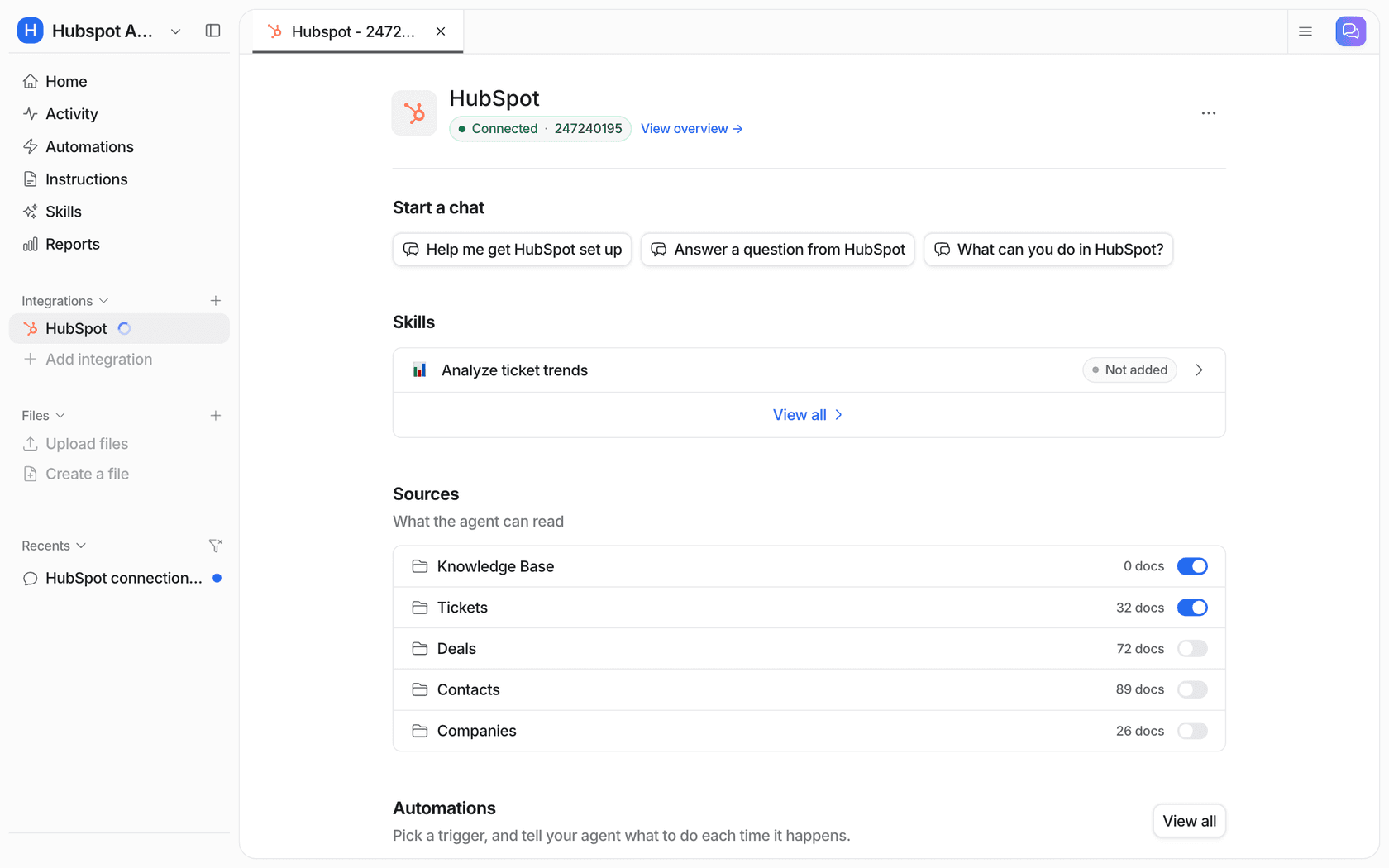 eesel HubSpot integration showing source counts with Deals, Contacts, and Companies switched off