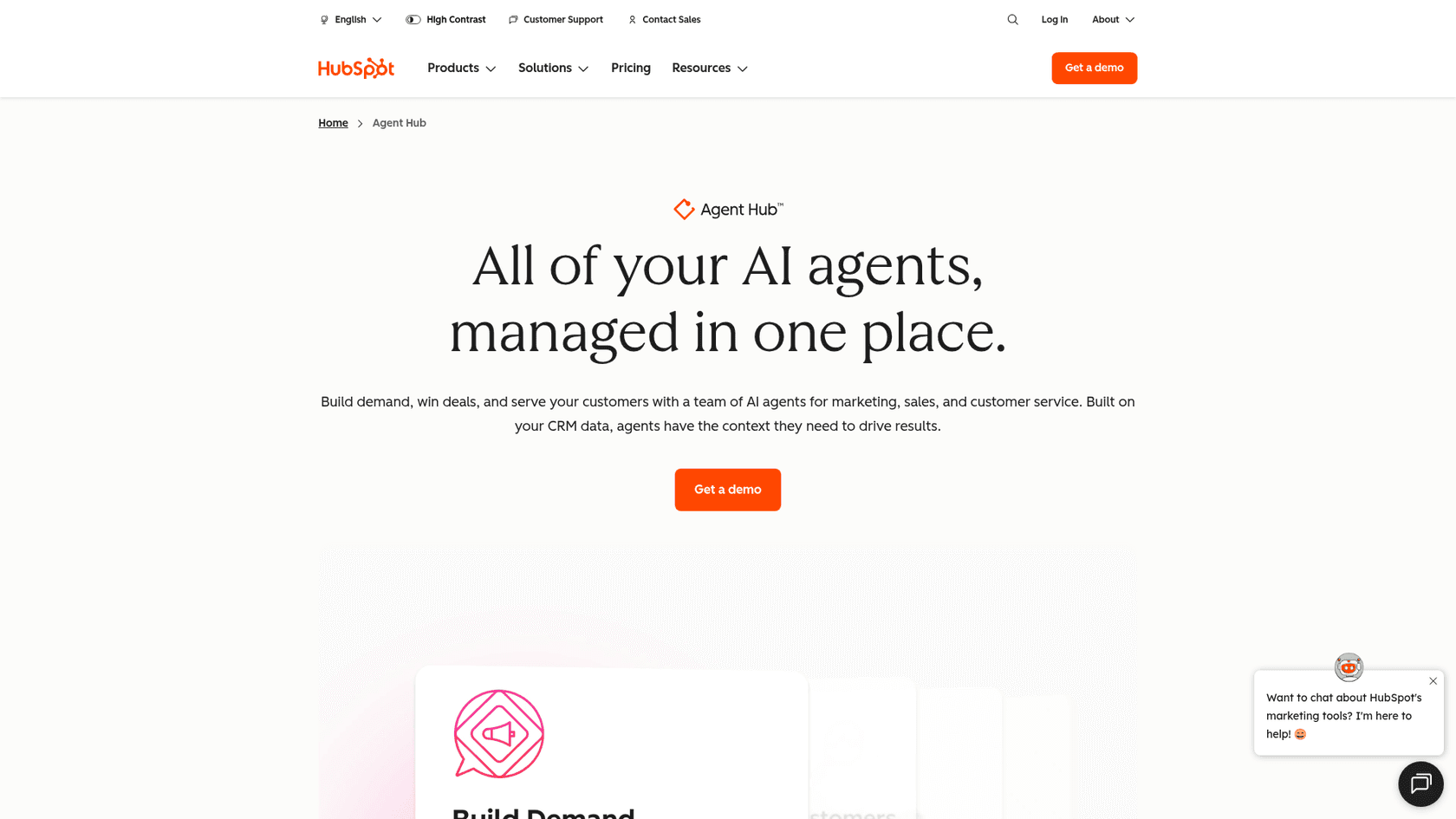 HubSpot's Agent Hub page, where the marketing, sales, and service agents are managed, as taken from HubSpot