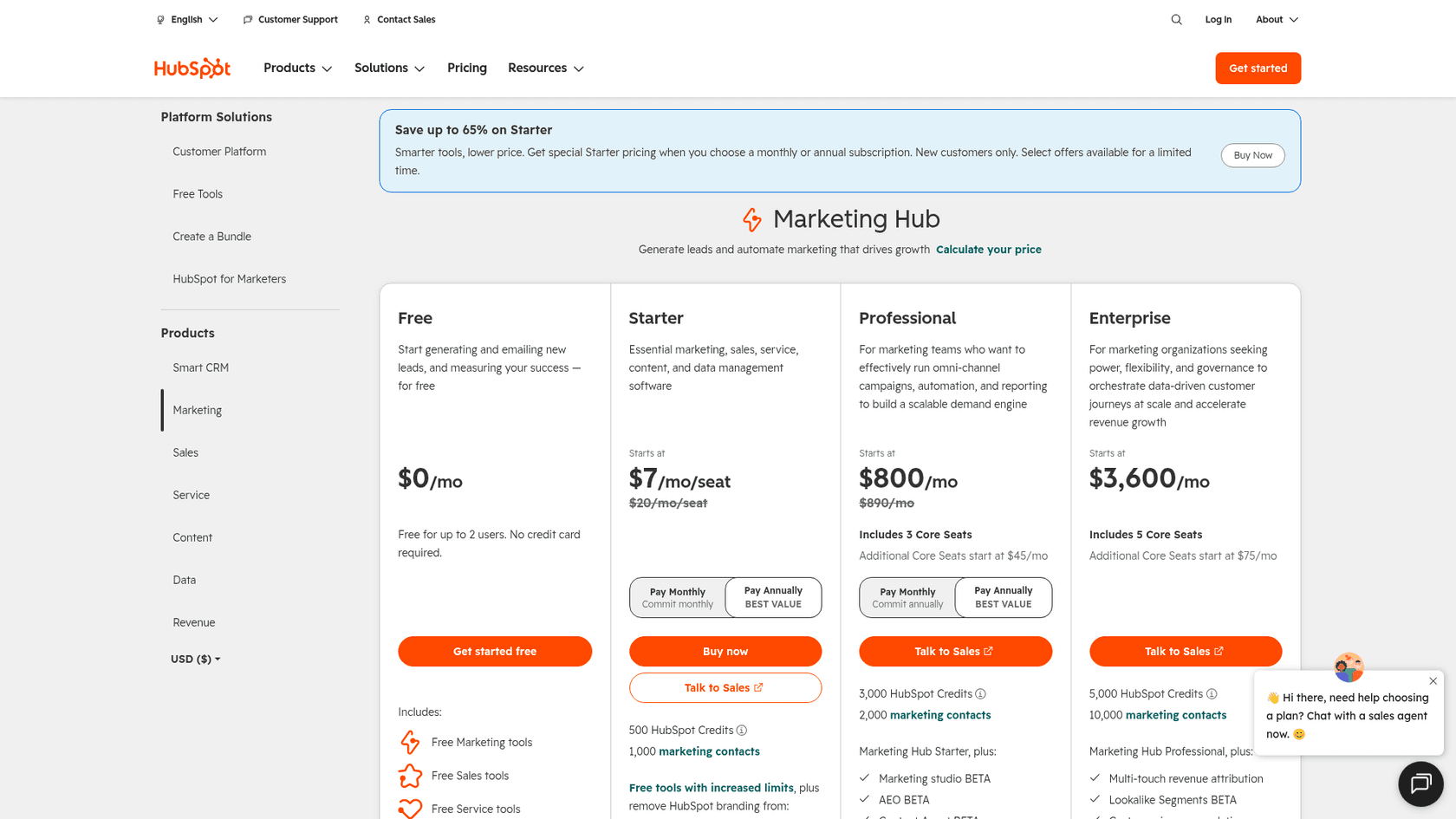 HubSpot Marketing Hub pricing page showing Free, Starter, Professional, and Enterprise tiers, as taken from HubSpot in October 2026