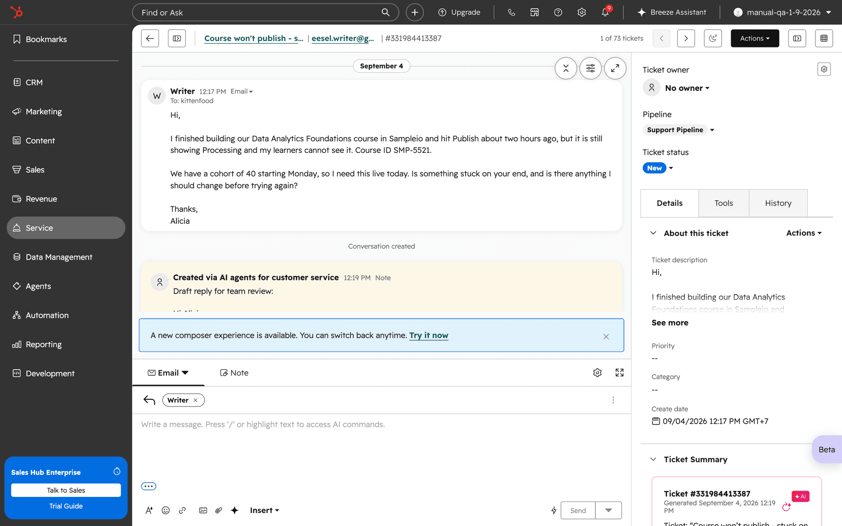 HubSpot support ticket about a course publishing delay with an internal note headed Draft reply for team review