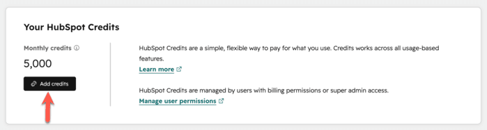 The HubSpot Credits panel in Account and Billing showing 5,000 monthly credits and an Add credits button, as taken from the HubSpot knowledge base