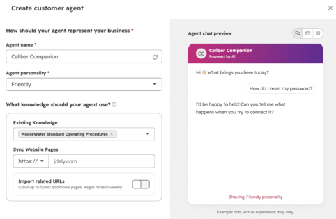 The HubSpot Customer Agent setup screen with agent name, personality and knowledge source fields next to a live chat preview, as taken from the HubSpot knowledge base
