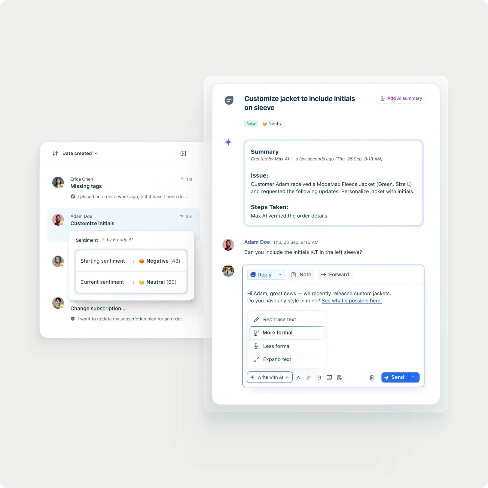 Freddy AI Copilot inside a Freshdesk ticket showing an AI-generated summary of the issue, steps taken and the next reply draft, as taken from Freshworks