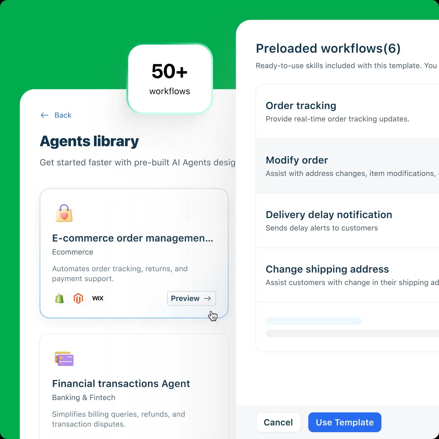 Freddy AI Agent Studio agents library with an e-commerce order management agent and six preloaded workflows like order tracking and change shipping address, as taken from Freshworks
