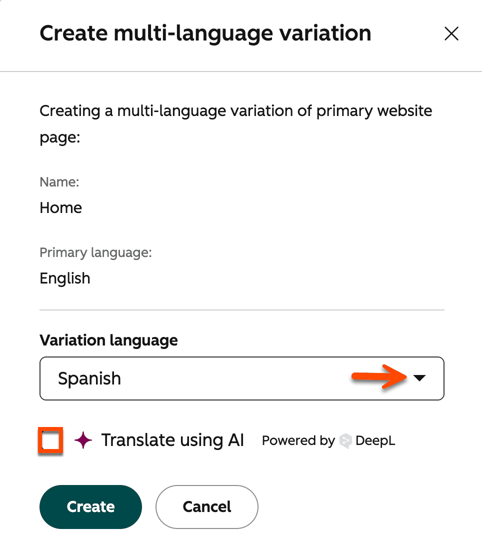 HubSpot's Create multi-language variation dialog with Spanish selected and a Translate using AI checkbox marked Powered by DeepL, as taken from HubSpot's knowledge base