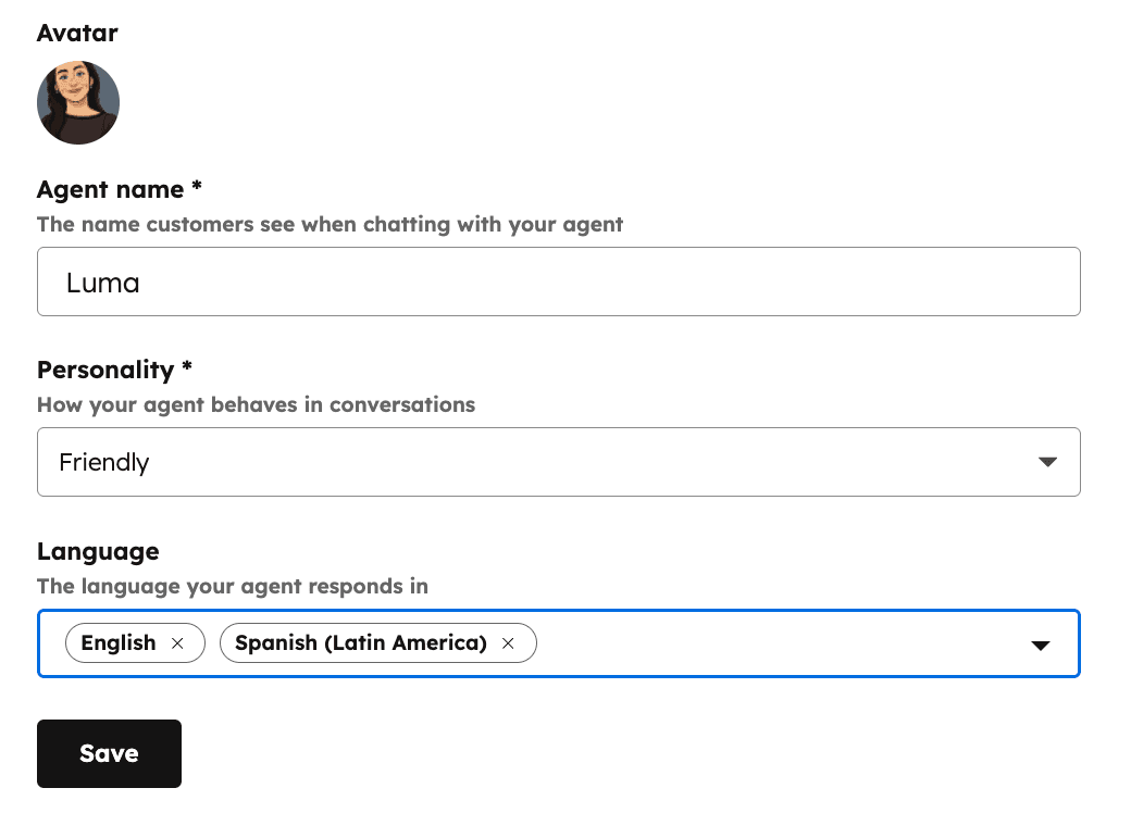 The HubSpot Customer Agent identity settings with a Language field set to English and Spanish (Latin America), as taken from HubSpot's knowledge base