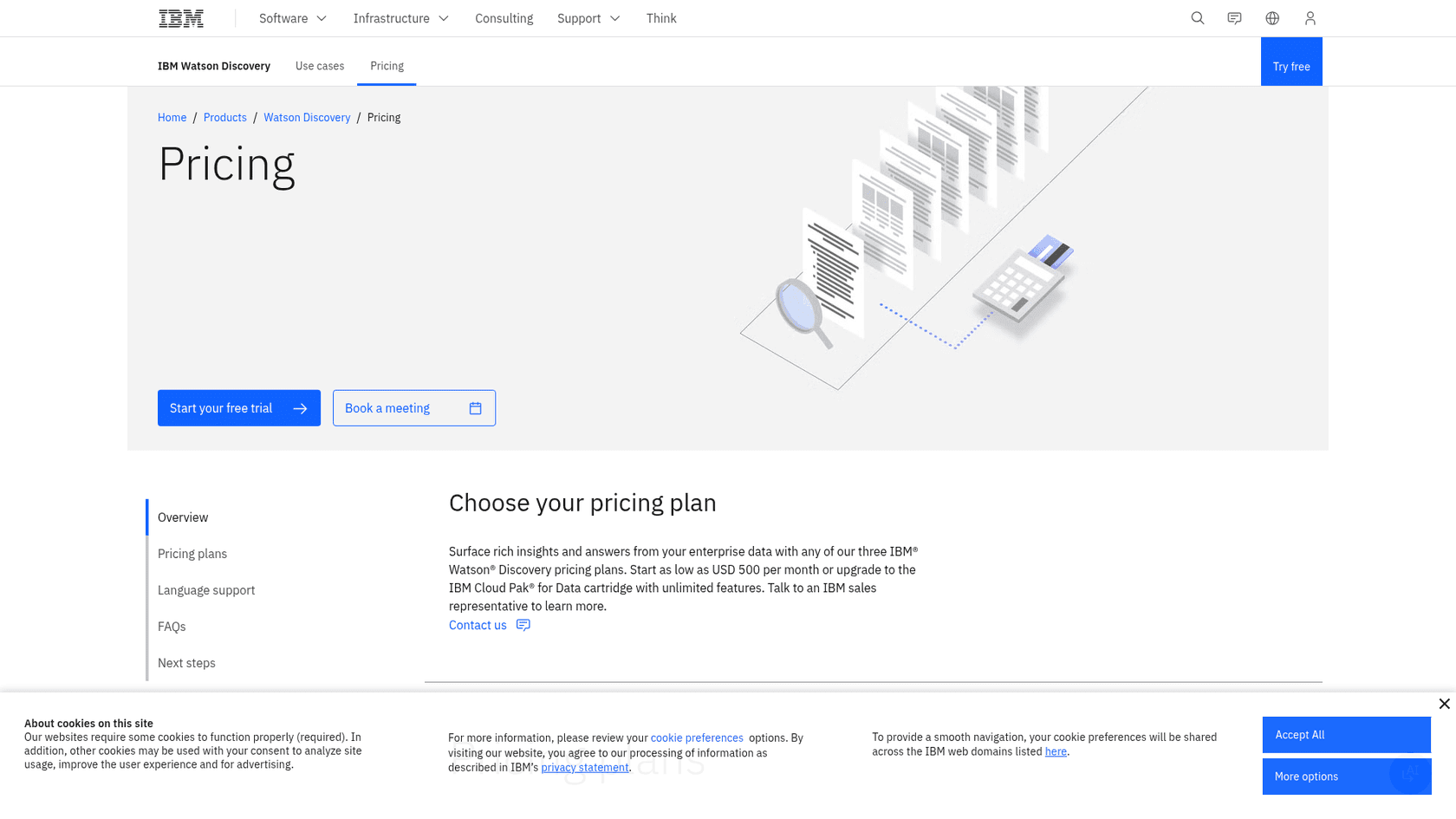 IBM Watson Discovery pricing page, as seen on IBM's site