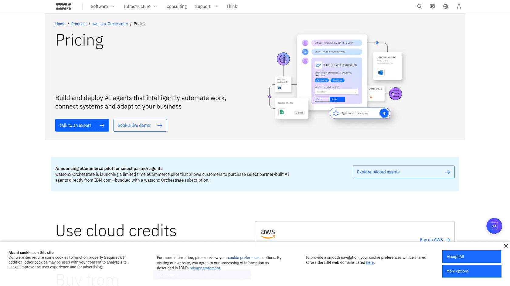 IBM's watsonx Orchestrate pricing page, as taken from IBM
