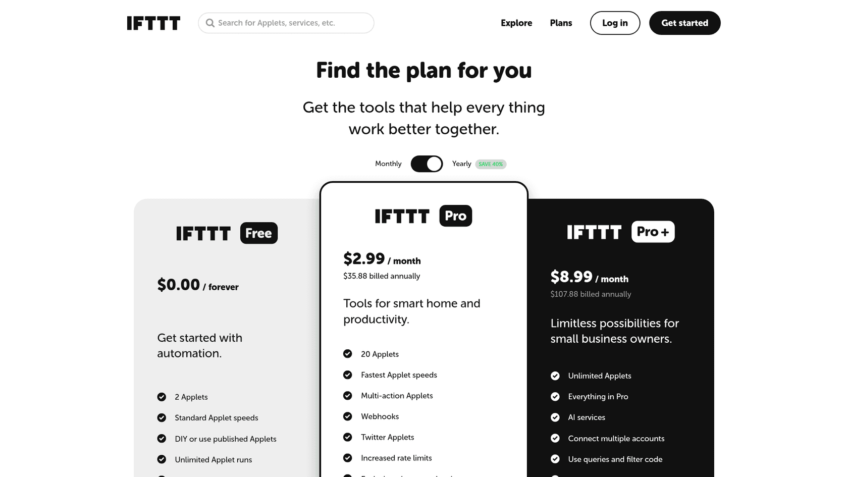IFTTT plans page showing Free, Pro and Pro+ tiers, as taken from IFTTT