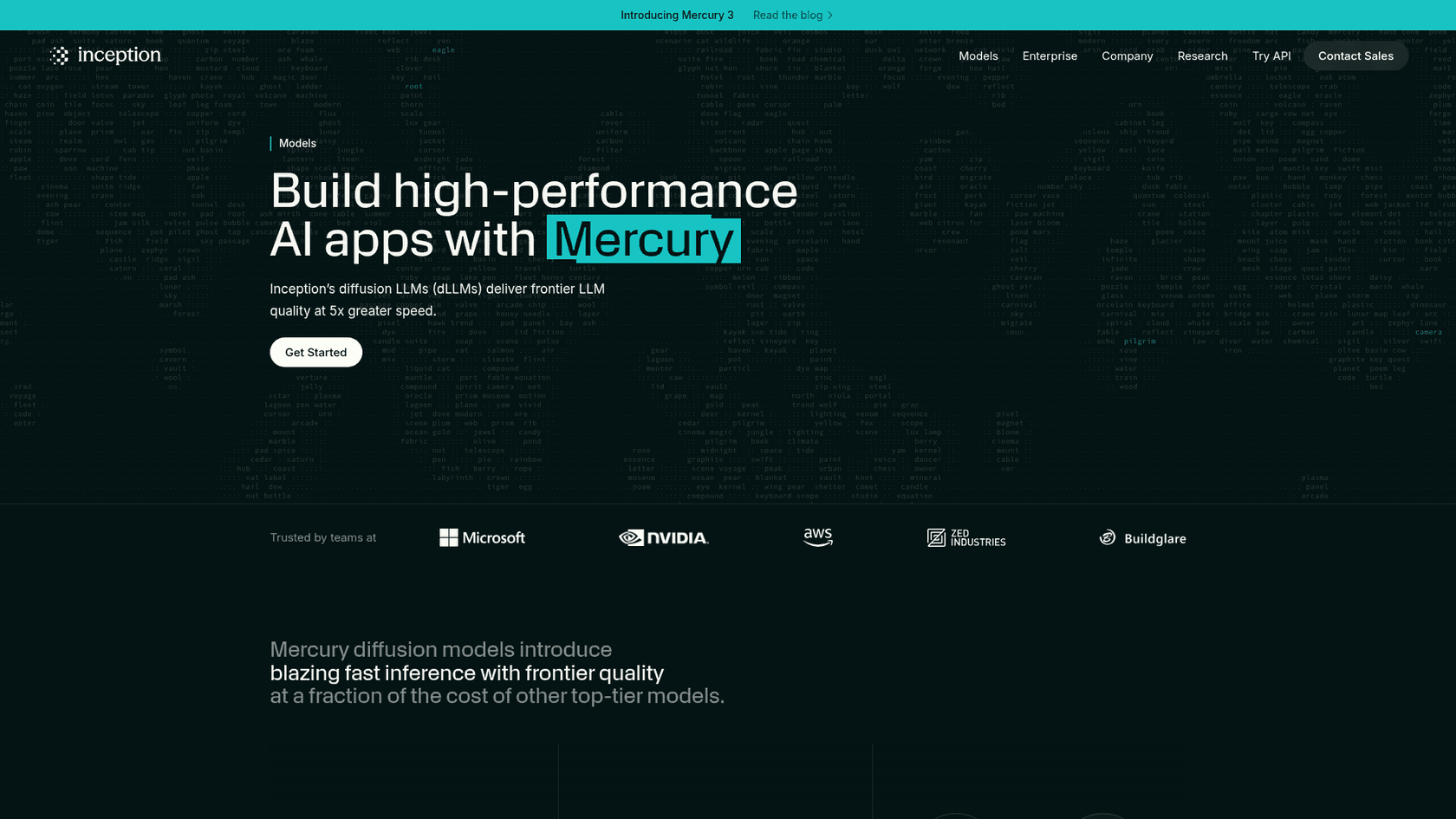Inception's Models page, headlined "Build high-performance AI apps with Mercury", with a banner announcing Mercury 3 and customer logos including Microsoft, NVIDIA and AWS, as taken from Inception