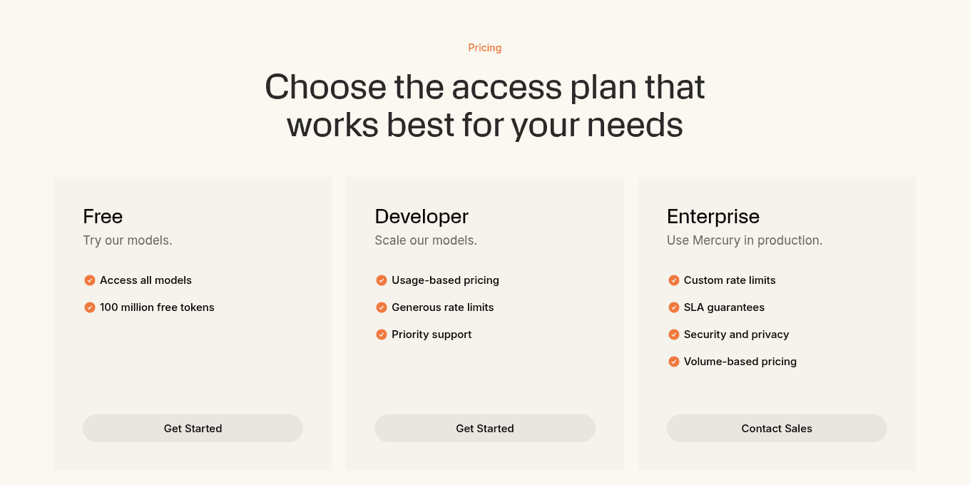 Inception's three access plans: Free with access to all models and 100 million free tokens, Developer with usage-based pricing, generous rate limits and priority support, and Enterprise with custom rate limits, SLA guarantees and volume-based pricing, as taken from Inception