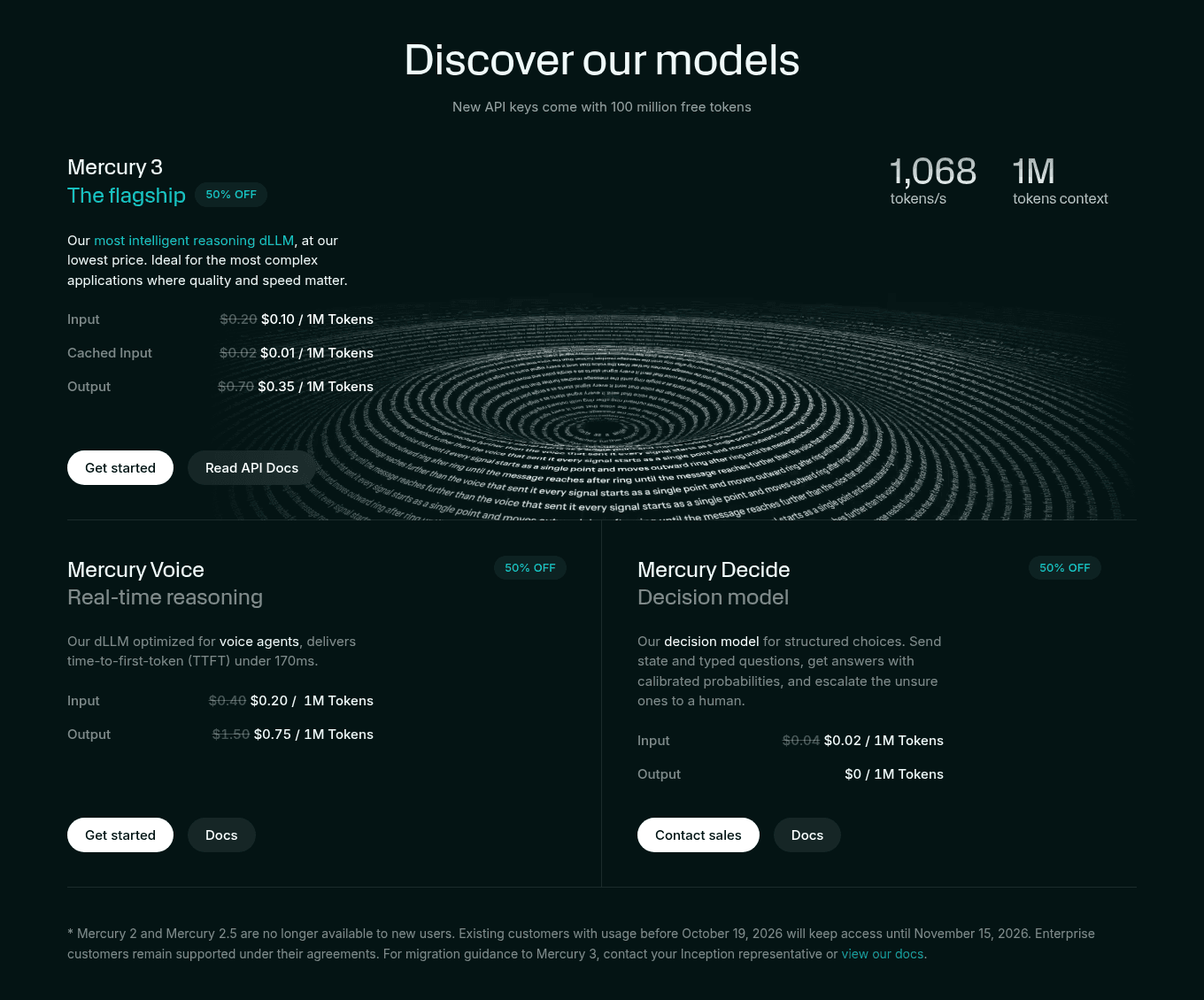 Inception's model cards: Mercury 3 at $0.10 input, $0.01 cached input and $0.35 output per 1M tokens with the $0.20, $0.02 and $0.70 list prices struck through, plus Mercury Voice and Mercury Decide, as taken from Inception's models page