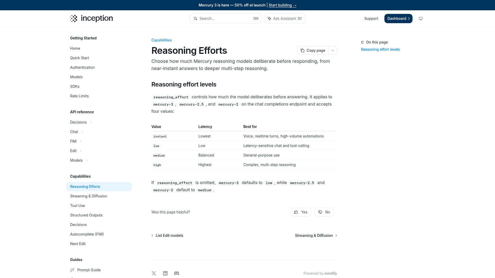 Inception's Reasoning Efforts docs page listing four values, instant, low, medium and high, with their latency and best uses, and a note that mercury-3 defaults to low while mercury-2.5 and mercury-2 default to medium, as taken from Inception's docs