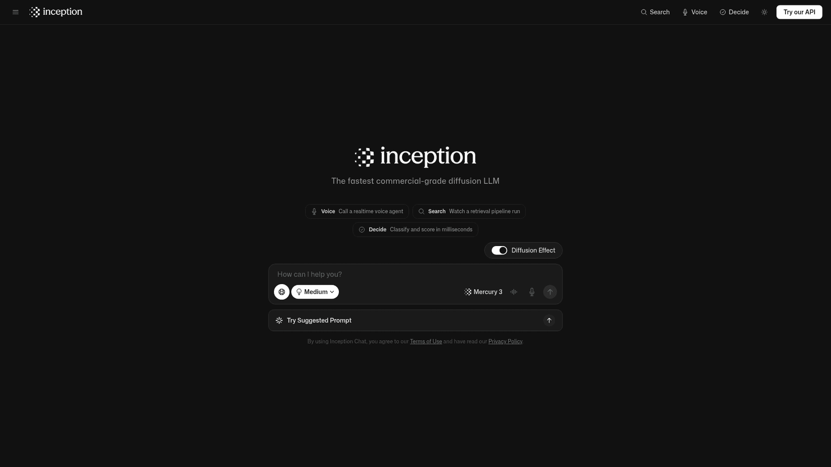Inception's Mercury Chat app with Mercury 3 selected, a Medium reasoning effort picker and a Diffusion Effect toggle switched on, plus shortcuts for Voice, Search and Decide demos, as taken from Inception Chat