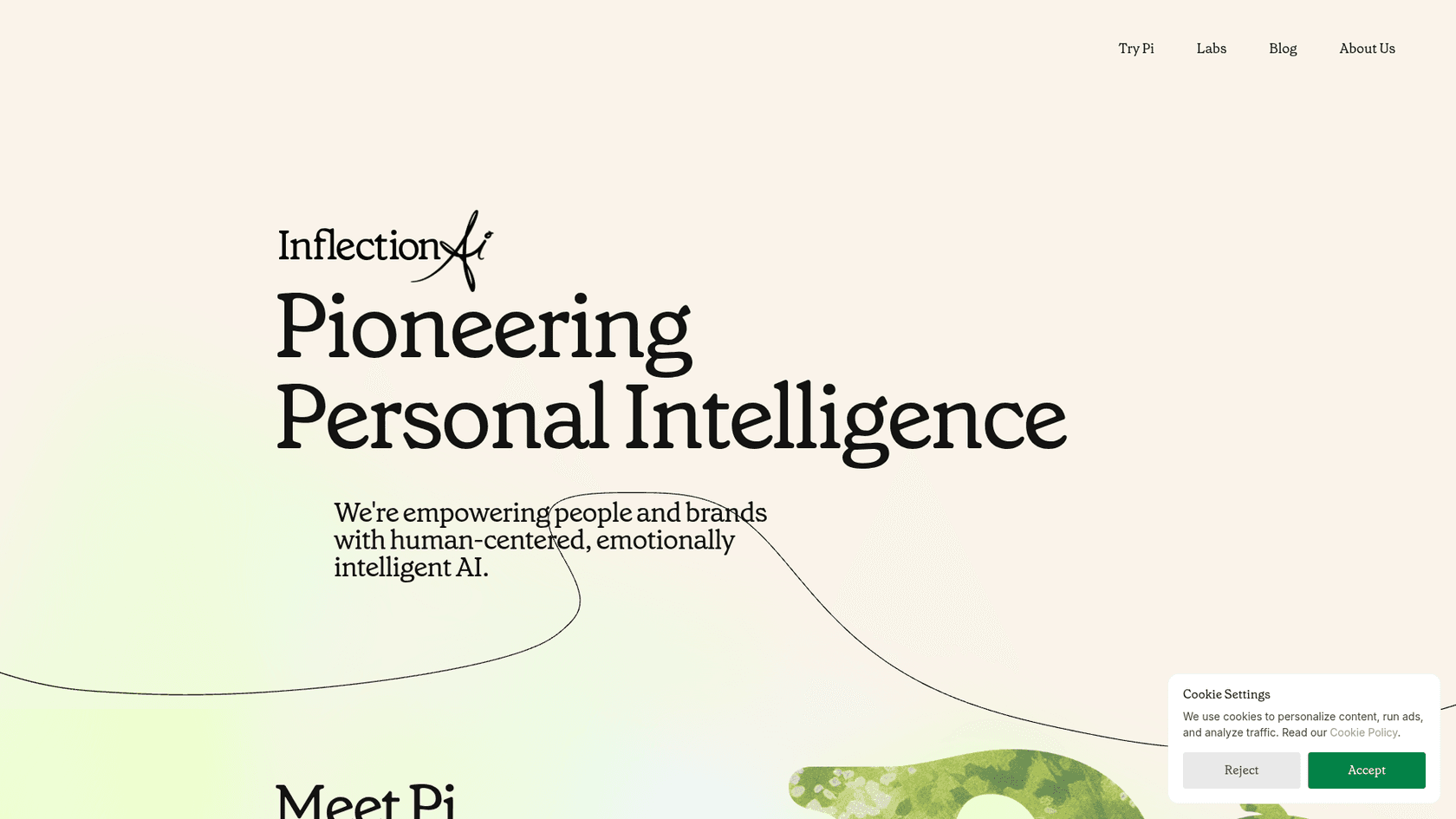 Inflection AI homepage in October 2026 showing the Pioneering Personal Intelligence headline and Try Pi link, as taken from inflection.ai