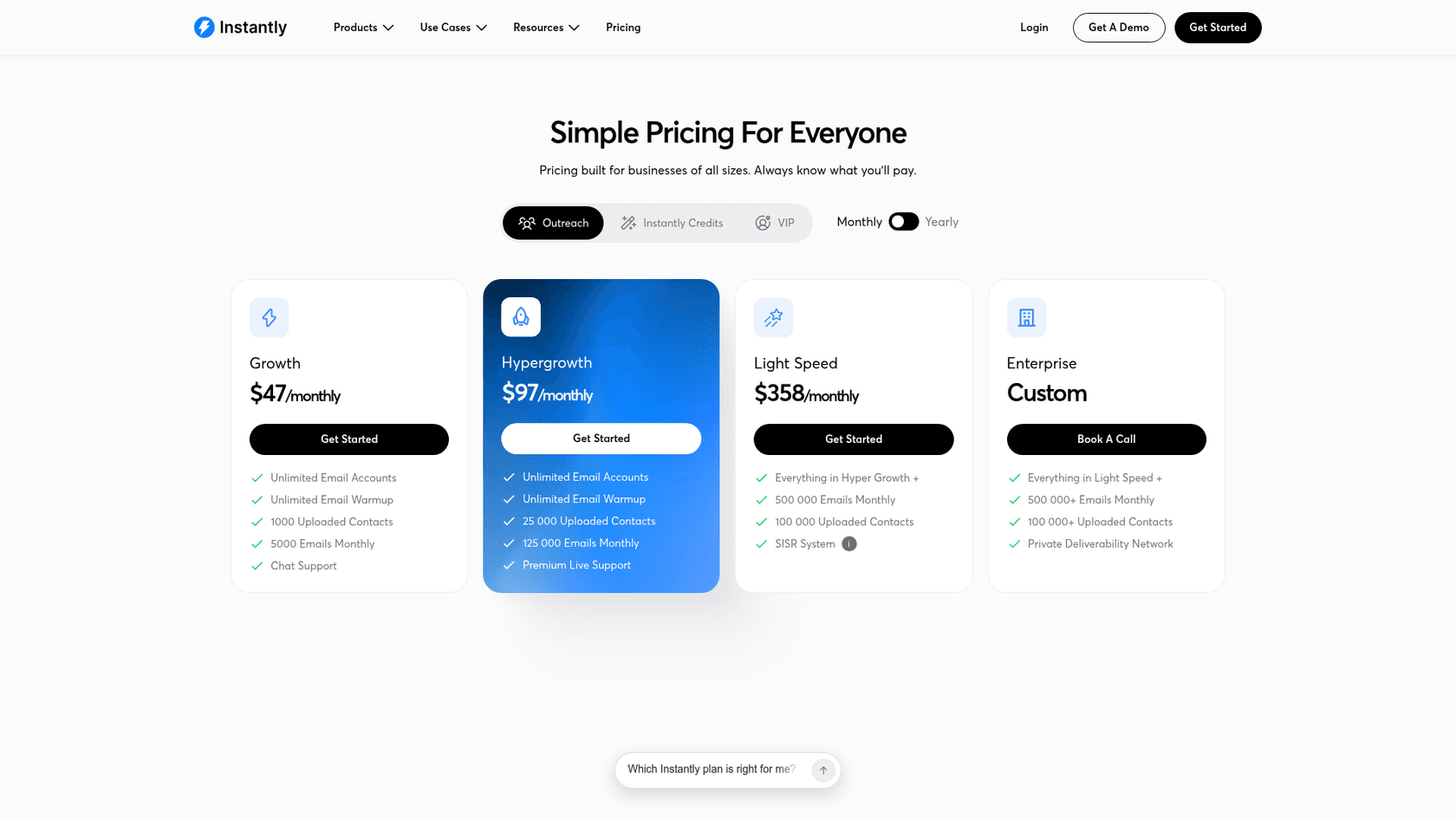 Instantly's pricing page showing the Outreach plans from $47 a month, as taken from Instantly
