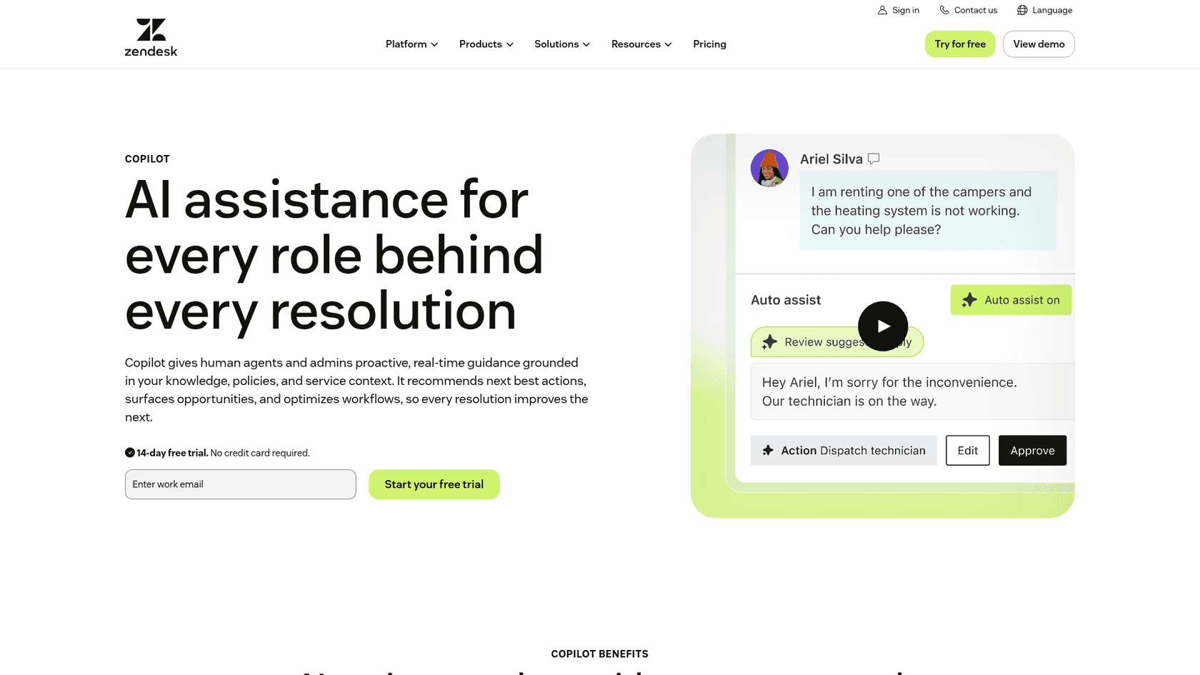 The Zendesk Copilot product page showing a customer message, an Auto assist panel with a suggested reply and a Dispatch technician action with Edit and Approve buttons, as taken from Zendesk