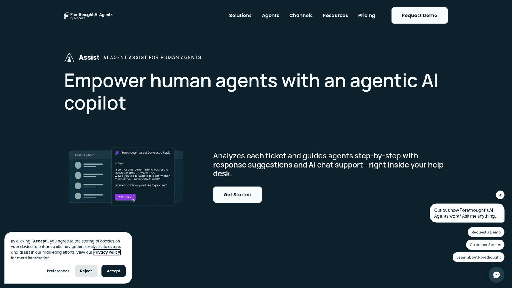 The Forethought Assist product page, headlined Empower human agents with an agentic AI copilot, with a ticket and a Forethought Assist generated reply panel, as taken from Forethought