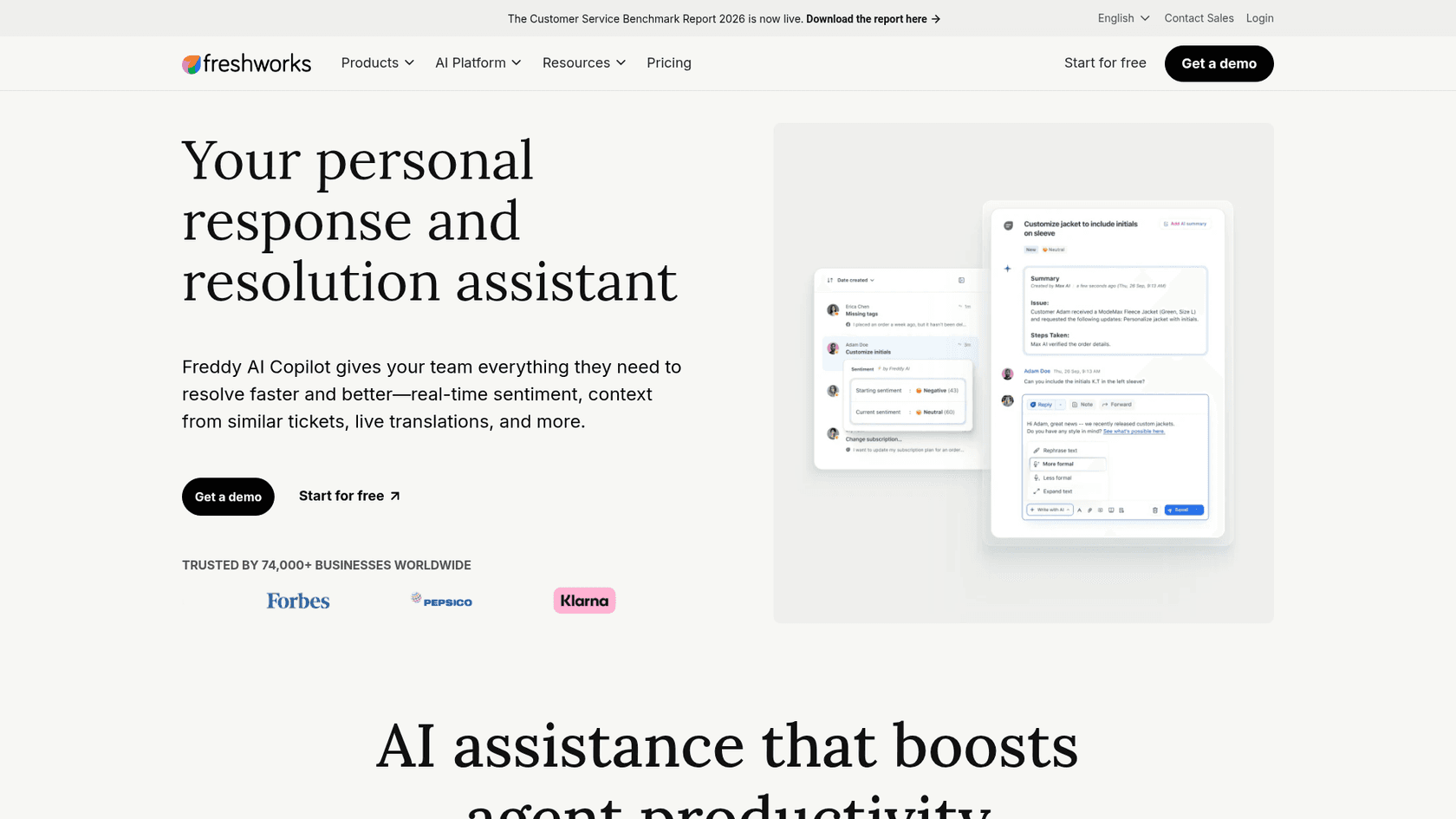 The Freddy AI Copilot product page headlined Your personal response and resolution assistant, with a ticket view showing a summary and suggested reply, as taken from Freshworks