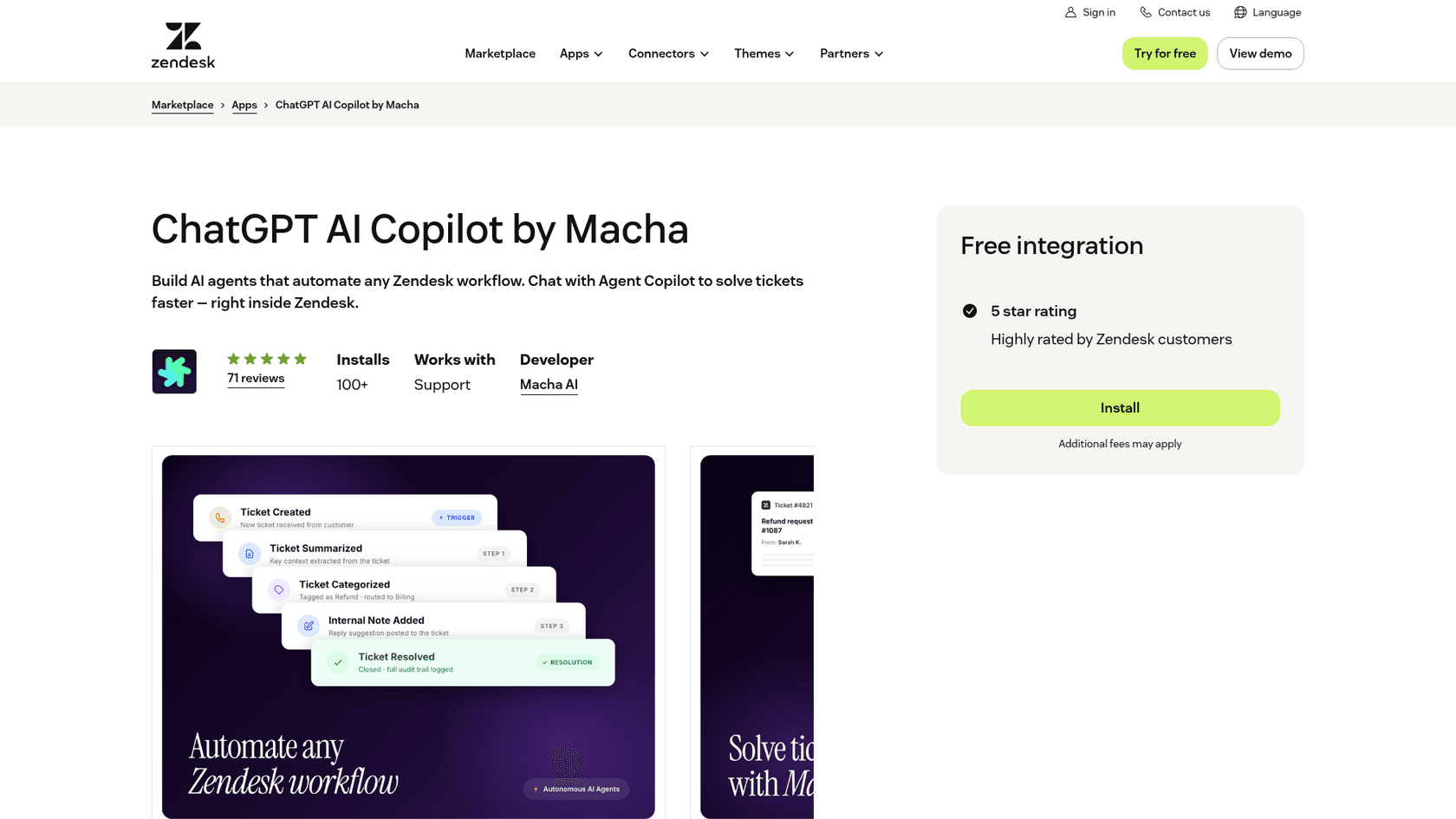 The ChatGPT AI Copilot by Macha listing on the Zendesk Marketplace showing Free integration, 71 reviews, 100+ installs and a Zendesk workflow card stack, as taken from Zendesk Marketplace