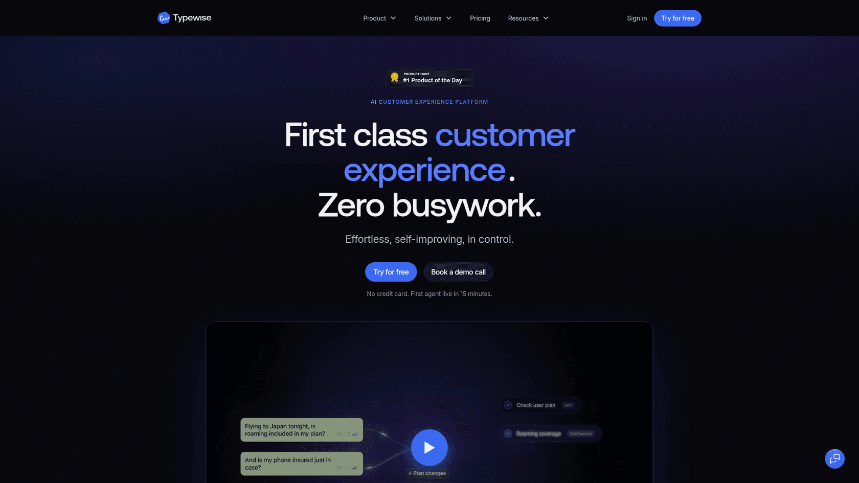 The Typewise homepage headlined First class customer experience, Zero busywork, with a product demo showing customer questions and Check user plan steps, as taken from Typewise