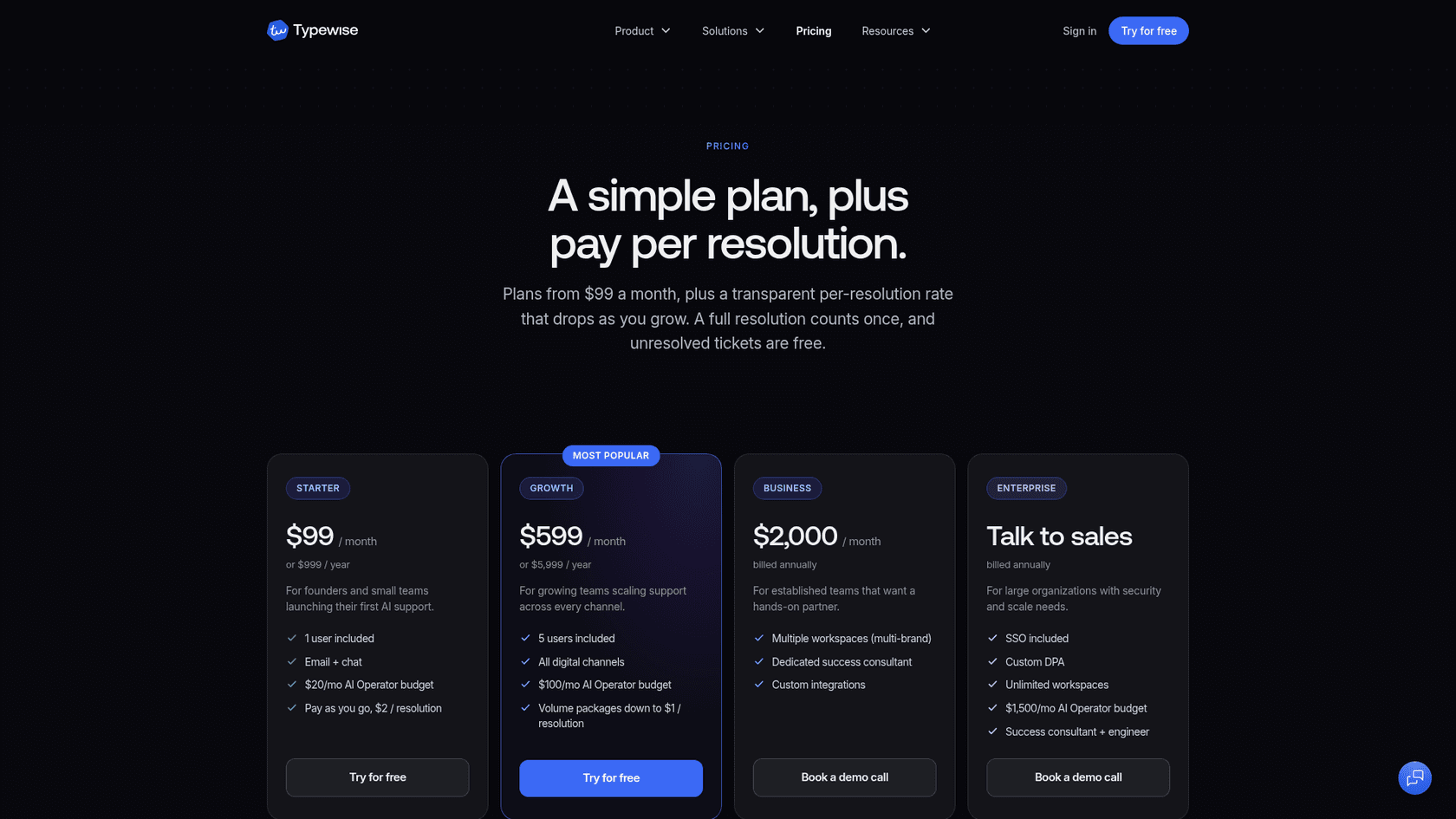 Typewise pricing page showing Starter $99 per month, Growth $599 per month, Business $2,000 per month and Enterprise Talk to sales, as taken from Typewise